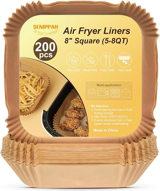 200 Pcs 8" Air Fryer Liner Square Baking Parchment Paper Airfryer Liners,Unbleached Disposable Non-stick & Non-Leak & Non-Washing Air Fryer Paper Liner for 5-8 QT Air Fryer Basket