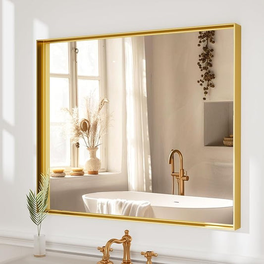 36x30 Inch Gold Bathroom Mirrors for Over Sink, Rectangular Vanity Mirror, Aluminum Framed Mirrors, Tempered Glass, High-Definition Wall Mounted Mirror (Horizontal/Vertical)