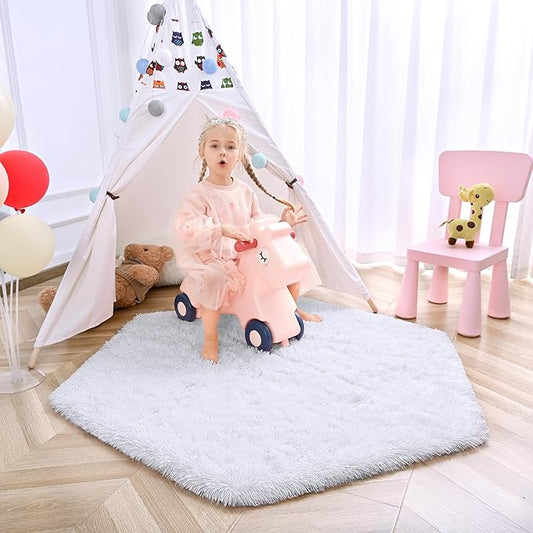 junovo Ultra Soft Rug for Nursery Children Room Baby Room Home Decor Dormitory Hexagon Carpet for Playhouse Princess Tent Kids Play Castle, Diameter 4.6 ft, White