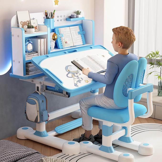 Gifts for Kids, Kids Desk and Chair Set, Desk for Kids 3-12, Multi-Functional Storage and Spacious Desktop for Learning, Painting, Eating, DIY Crafts Blue Gift for Friends