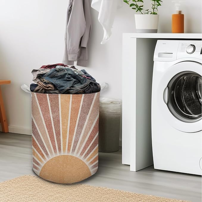 Boho Laundry Basket, Mid Century Modern Boho Neutral Sun Sunshine Waterproof Collapsible Laundry Hamper Dirty Clothes Storage Toy Bin Organizer for Bathroom Bedroom Nursery Girls Kids Room