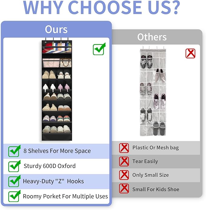 FENTEC 1 Pack 8 Shelves Over The Door Shoe Organizer, 68" Exlarge Deep Pockets Hanging Shoe Organizer, Shoe Rack for Closet, Shoe Holder for Boots,Over Door Organizer in Home, RV, Dorm, Black