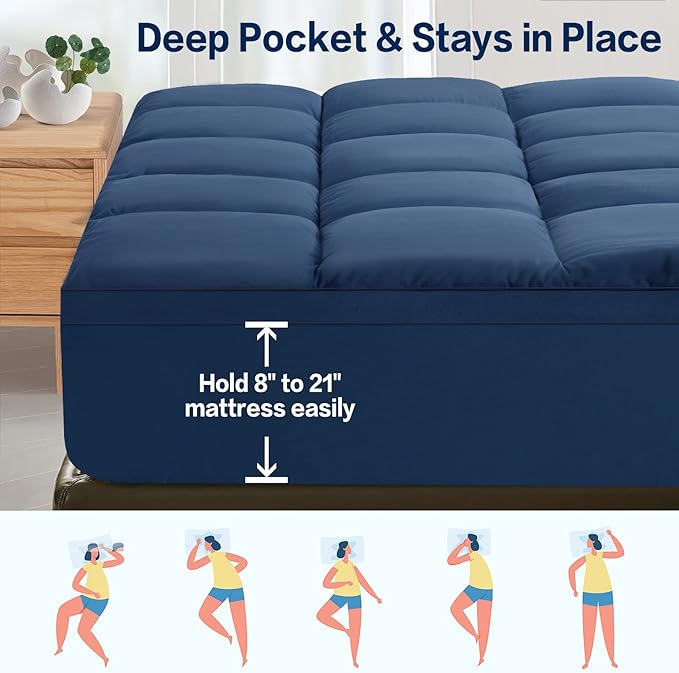 SOPAT Mattress Topper Twin XL Size Extra Thick Mattress Pad 8-21" Deep Pocket Soft Down Alternative Fill Mattress Protector Pillow Top Mattress Cover (39x80 Inches, Navy Blue)