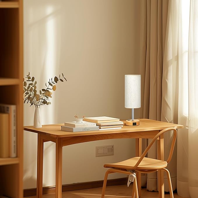 Small Touch Table Lamps Set of 2-3-Way Dimmable, USB A + C Charging, AC Outlet, Wood Grain Base, Bulbs Included