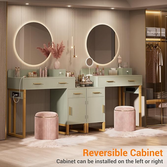 Vanity Desk with 4 Storage Drawers - Modern Makeup Vanity Table with Charging Station, Cyan Vanity Desk with Reversible Cabinet Dressing Table Set with Divided Organizers for Women Girls, Cyan & Gold