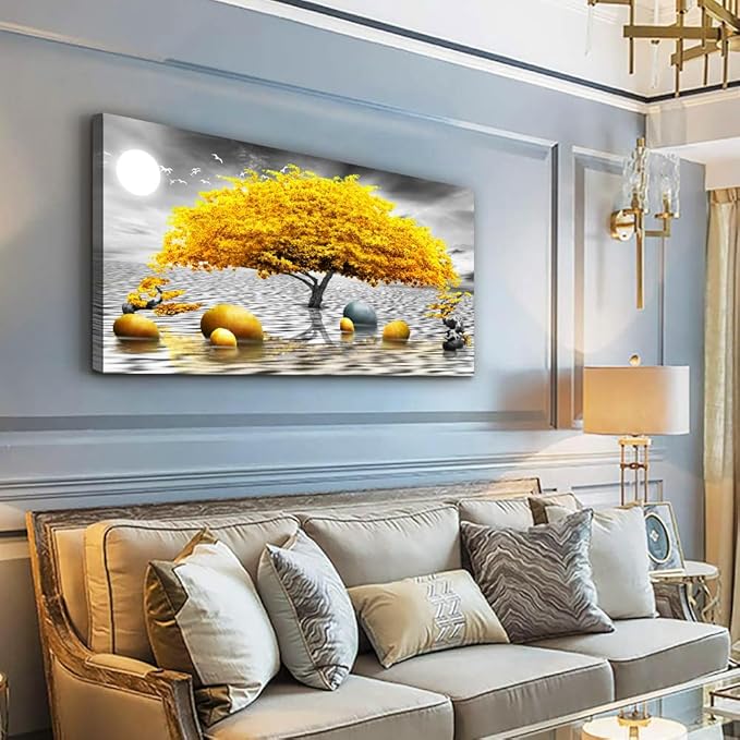 Wapluam Farmhouse Canvas Wall Art For Living Room Large Wall Decor Art For Office Black And White Wall Painting Yellow Tree View Wall Pictures Framed Prints Artwork Bedroom Home Decoration 30"X60"