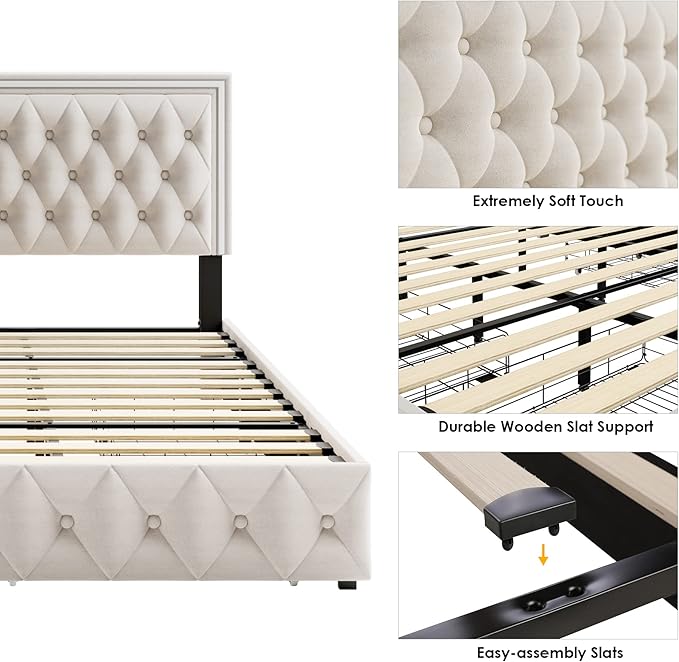 Keyluv King Upholstered LED Bed Frame with 4 Drawers, Velvet Platform Storage Bed with Adjustable Button Tufted Headboard and Solid Wooden Slats Support, No Box Spring Needed, Beige