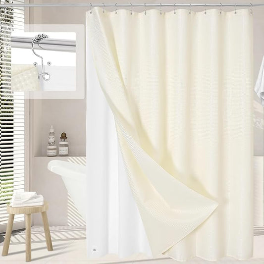 3 in 1 Long Cream Shower Curtain Set-72 W x 78 H, Ivory Waffle and PEVA Liner Set with 12 Stainless Steel Hooks, Waterproof Fabric for Bathroom