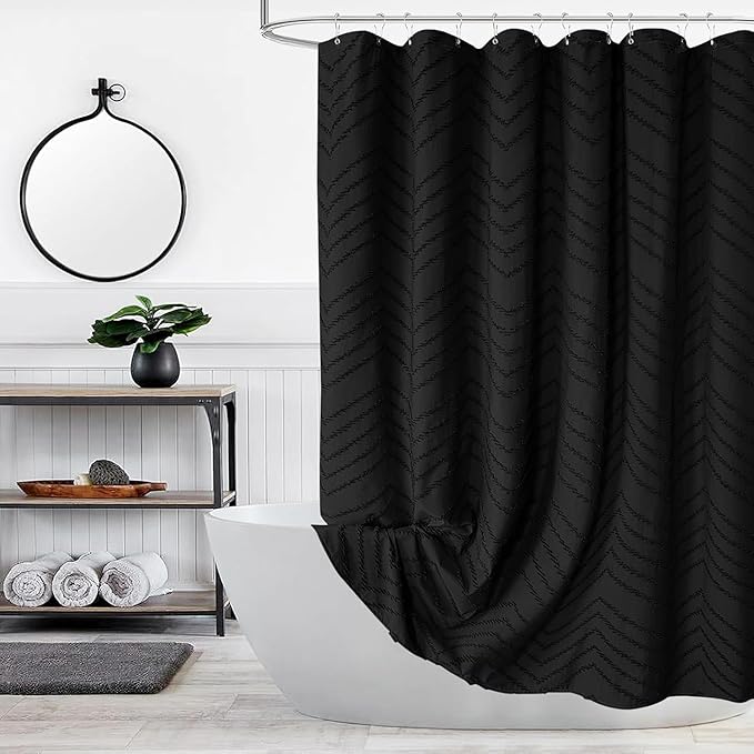Black Boho Shower Curtain 72 x 78 Inches Woven Fabric Shower Curtain Tufted Chervon Textured Shower Curtains Modern Minimalist Shower Curtains for Bathroom