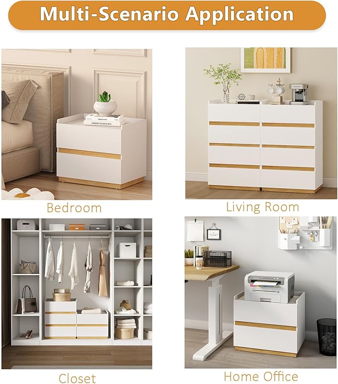 Large Modern Nightstand White Bedside Table, 2 Drawer Dresser Wood Stackable Storage Drawers for Clothes for Closet, Bedroom, 24"x16"x20"