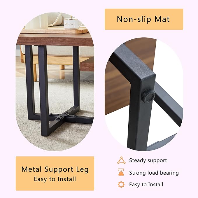 Modern Coffee Table,47" Double Layer Coffee Table,Walnut Color Square Center Tables for Living Room, Easy to Assemble and Clean