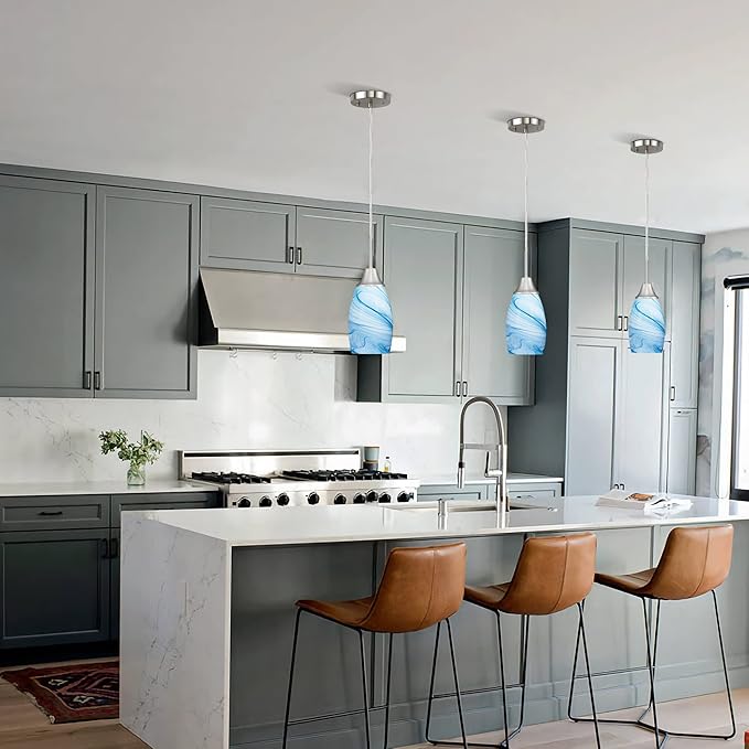 Mini Glass Pendant Light 1-Pack with Handblown Blue Marble Art Oval Glass Lamp Ceiling Hanging Light 4.72" Glass Chandelier for Dining Room Kitchen Foyer Hallway