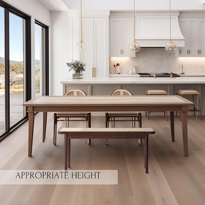 47.2'' Natural Rattan Dining Bench with 100% Solid Oak Wood Bench Frame, Bed End Shoe Ottoman for Kitchen Bedroom Entryway, Walnut