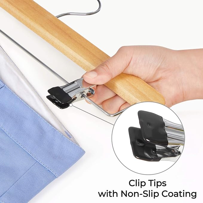 SONGMICS Wooden Pants Hangers 8 Pack, Pants Hangers with Adjustable Anti-Rust Metal Clips, 360° Swivel Hook, Skirt Hangers for Pant, Skirts, Natural Grain UCRW008-8