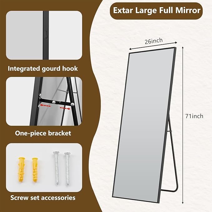 Koonmi Large Mirrors, 71"x26" Full Length Mirror with Stand, Full Body Mirror with Aluminum Alloy Frame, Hanging or Leaning Against Wall Floor Standing Mirrors for Bedroom Living Room, Black