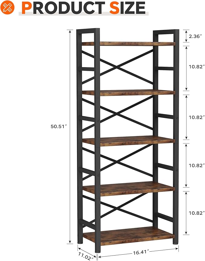Organization and Storage, 5 Tier Bookshelf, Tall Bookcase with Shelves, Wood and Metal Book Shelf Storage Organizer, Industrial Display Standing Shelf Unit for Bedroom, Living Room, Rustic Brown