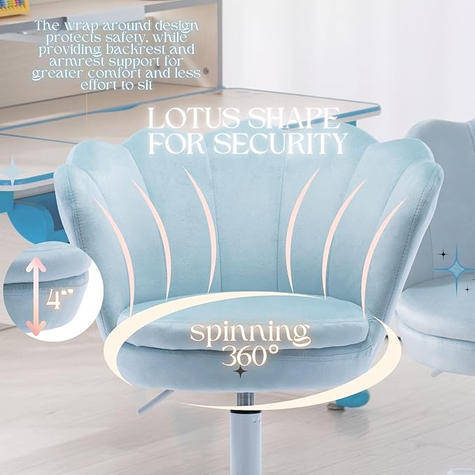 Velvet Desk Chair for Kids 8-12 Teen Room with Wheels, Upholstered Adjustable Children Computer Chair Comfy Rolling Study Armchair 360° Swivel Back and Arms for Teen Girls or Boys Bedroom, Blue