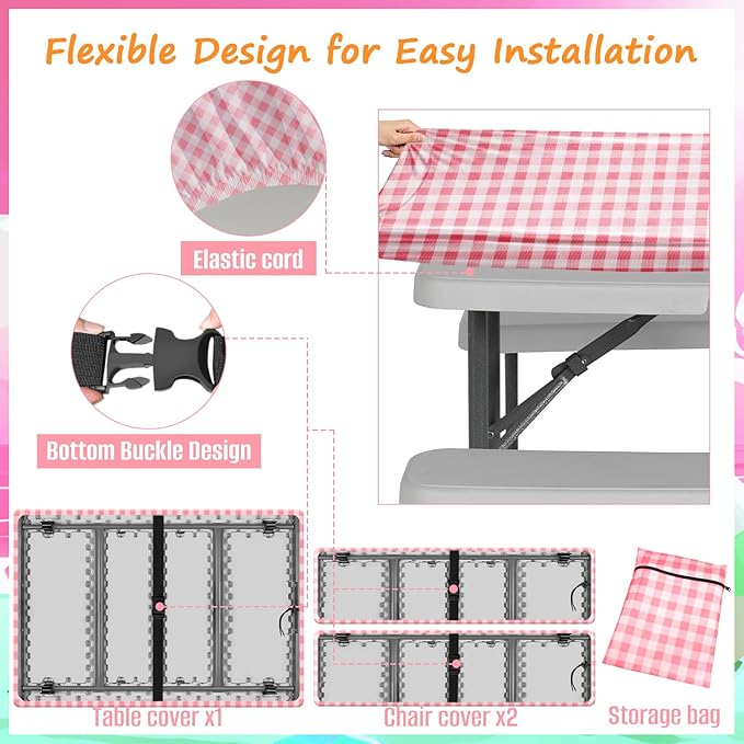 33" L x 20" W x 3" H Pink Grid Picnic Table Cover for Kids, Fitted Tablecloth for Outdoors Vinyl Waterproof Cloth for Camping Home Goods Indoor Outdoor Patio BBQ