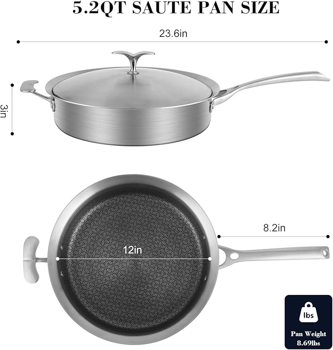 12 Inch Frying Pan with Lid Saute Pan 5.2 QT Deep skillet for Stir-Fry & Searing, Tri-ply Stainless Steel Nonstick Non Toxic Non Toxic, PTFE&PFOA Free, Induction, Oven & Dishwasher Safe