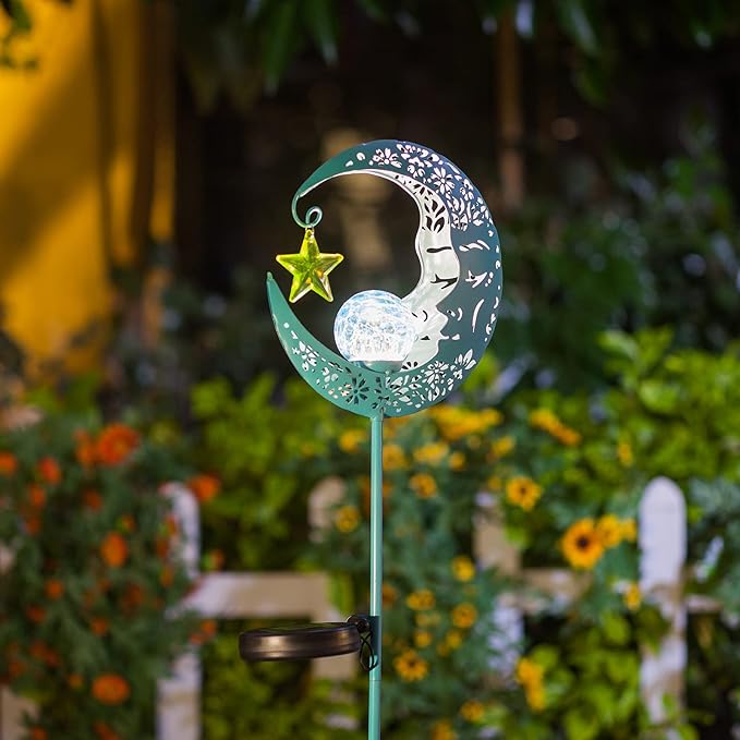 Outdoor Solar Lights Garden Decor for Patio,Lawn or Pathway Moon Decorations Crackle Glass Globe Stake Metal Lights Waterproof Warm LED Garden Gifts (Blue)