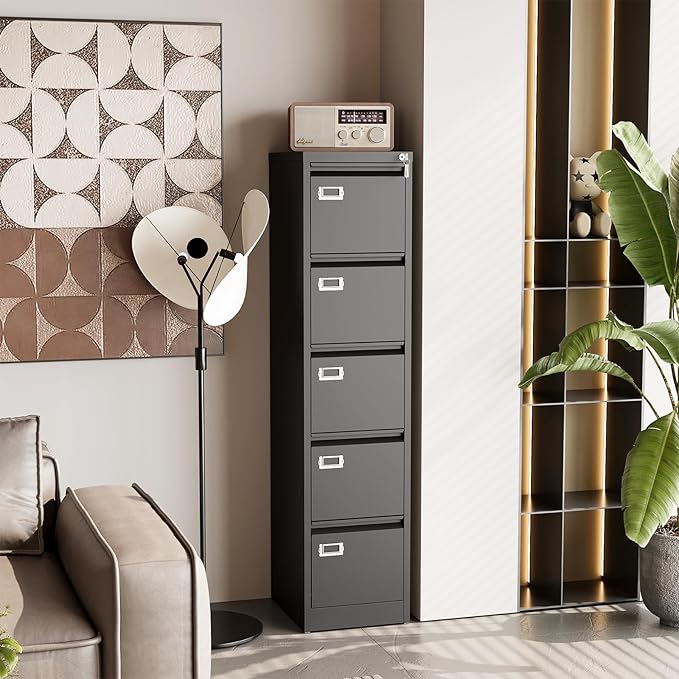 5 Drawer File Cabinet with Lock, Metal Filing Cabinets, 5-Vertical Filing Cabinet,Steel Lockable Storage Cabinets for Home Office to Organization Hanging Letter/Legal/F4/A4