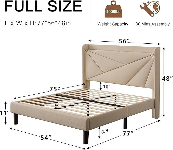 Full Size Upholstered Bed Frame with Charging Station, Platform Bed Frame with Storage Headboard, Solid Wood Slats Support, No Box Spring Needed, Beige