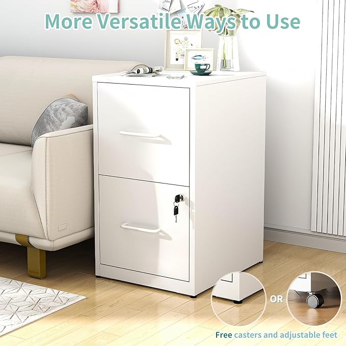 AQY 2 Drawer File Cabinet with Lock, Metal White Filing Cabinets for Home Office, 18" Deep Heavy Duty Vertical Storage Cabinet for Hanging A4/Letter/Legal Size Files, Assembly Require