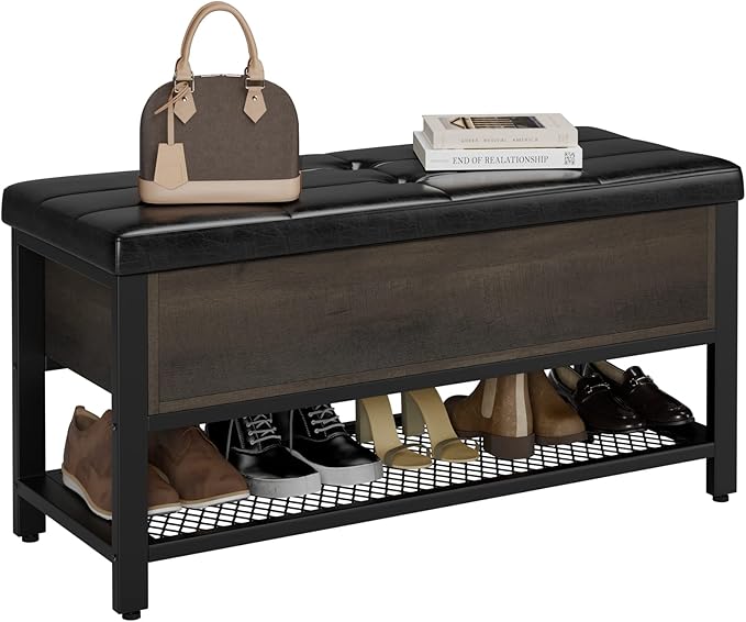 HOSTACK Storage Bench, Entryway Shoe Bench with Flip-Open Storage Box, End of Bed Ottoman Bench with Storage Shelf and Padded Seat for Bedroom, Hallway, Dark Brown