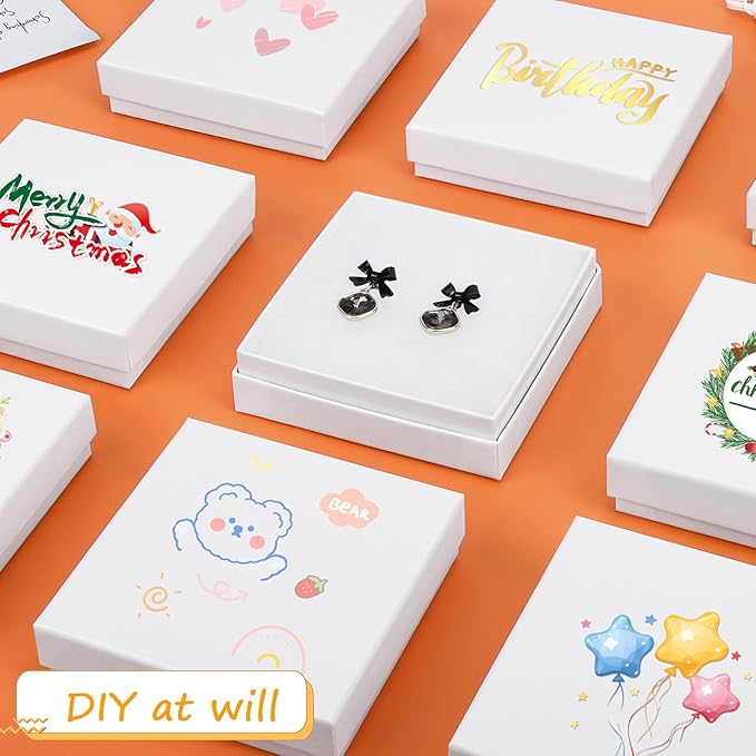 Cardboard Jewelry Gift Boxes, 80 Pack 3.5x3.5x1 Inch, Bulk Cotton Filled Small Jewelry Boxes with Lids for Necklace Ring Bracelet Earring Display Box (White)