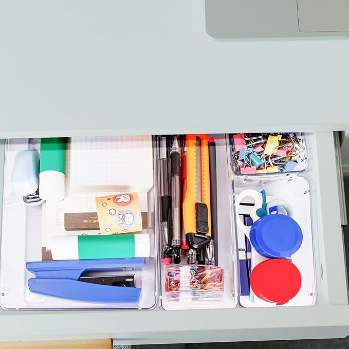 4 PCS Clear Plastic Drawer Organizer, Desk Drawer Divider Organizers and Storage Bins for Makeup, Jewelry, Gadgets for Kitchen, Bedroom, Bathroom, Office (9.0"x6.0"x2.2")