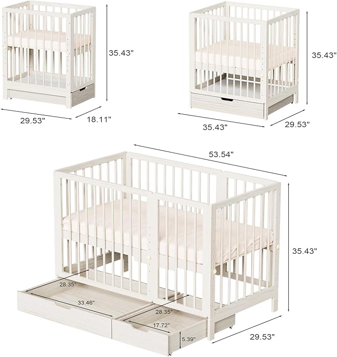 JOYMOR 8 in 1 Convertible Crib with Changer, Include 2” Mattress, Converts to Bassinet, Mid Crib, Full Size Crib, Daybed,Toddler Bed and Playard (Crib with Drawer, Washed Natural)