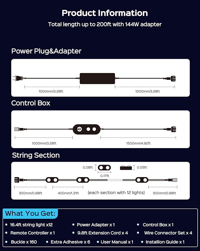 APPECK Permanent Outdoor Lights Pro 200ft, 144W RGBCW Eaves Lights with 144 LED Lights, 80lm, Cuttable, 111 Scene Modes, IP67 Waterproof Lighting for Christmas Decoration, Work with Alexa, Black