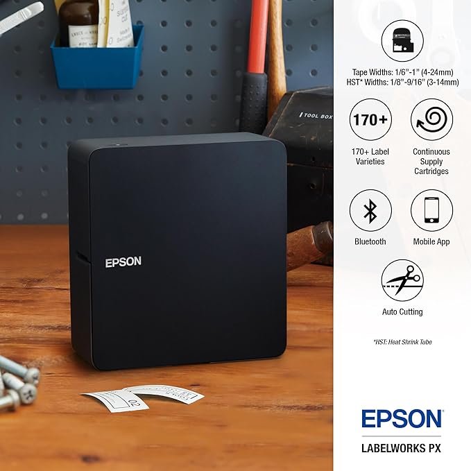 LABELWORKS Epson LW-C610PX-BLK Premium Portable Bluetooth Label Machine Printer with AC Adapter – Create Labels for Crafts and Organization, Designer Tape Supported, App Compatible