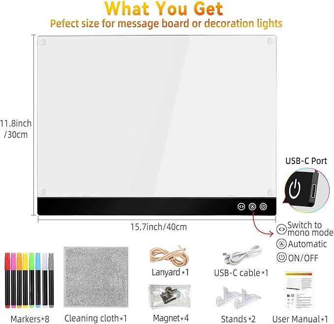 LED Magnetic Note Board with Colors, 11.8"X15.7" 4 Modes & 7 Colors Acrylic Dry Erase Board with Light, Include Hanging Chain, Led Drawing Board for Kids with Stand, Soft Cloth, 8 Markers