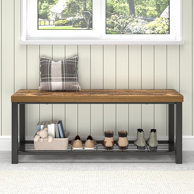 EXCEFUR Entryway Bench, Modern Wood and Metal Storage Bench for Hallway Front Door Entrance, Industrial Indoor Shoe Rack Bench Seat for Living Room Bedroom, 43.3 Inch Rustic Brown