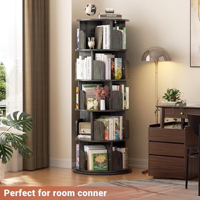 Rotating Bookshelf Tower, 5 Tier Spinning Bookcase, Revolving 360 Book Shelf Narrow Tall Bookcase, Vertical Turning Round Bookshelf Organizer, Wood Corner Book shelf for Small Space, Black Oak