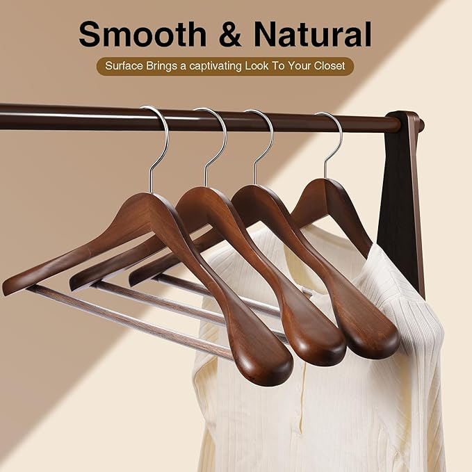 Coat Hangers 10 Pack Suit Hangers for Men for Women,Wide Shoulder Wooden Hangers with Retotating Hooks & Non Slip Pants Bar,Smooth Finish Suit Hanger for Sweater, Pants, Heavy Clothes(Walnut)