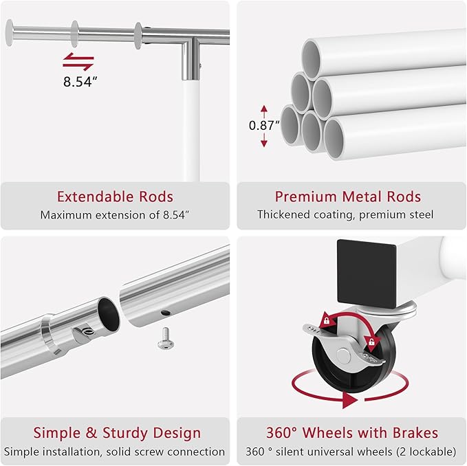 JIUYOTREE Rolling Clothes Rack with Dense Mesh Storage Shelf Clothing Garment Rack with Wheels Width Adjustable Clothing Organizer for Hanging Clothes Shirts Pants Skirts and Bags White