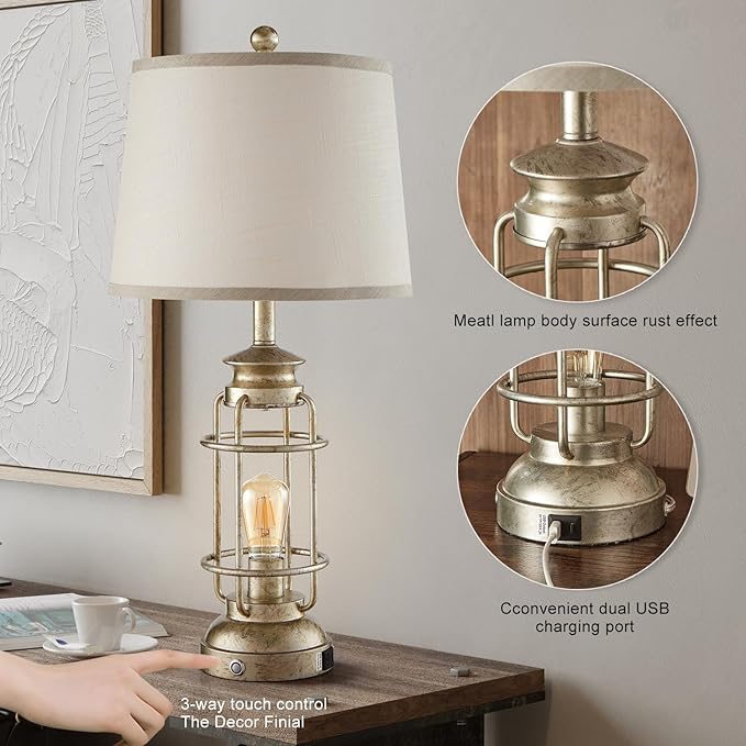 28.5" Retro Industrial Table Lamp for Living Room Bedroom Set of 2 Dimmable Touch Control Bedside Farmhouse Lamps with USB A+C Charging Ports and 2 Light Sources