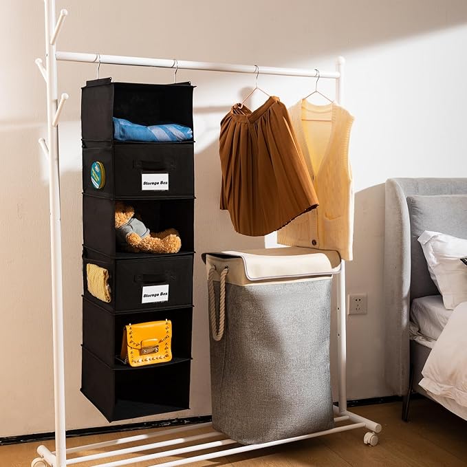 2 Pack 6 Shelves Hanging Closet Organizer with 2 Drawer, Hanging Storage with 4 Side Pockets for Clothes Shoes, 43.5"x12"x12"(Black)