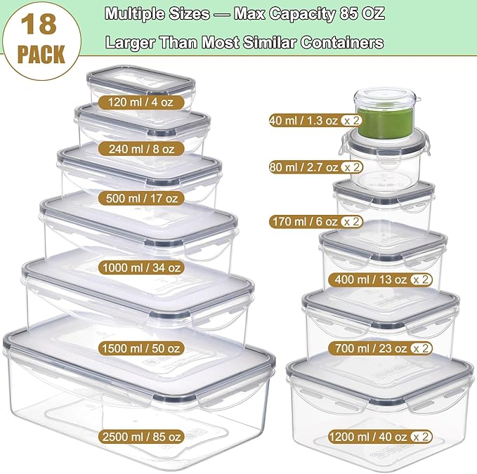 Taiuloo 36 PCS Food Storage Containers with Lids Airtight (18 Containers & 18 Lids), Reusable Leakproof Meal Prep Container for Lunch, BPA-Free Plastic Kitchen Organization, Freezer & Microwave Safe