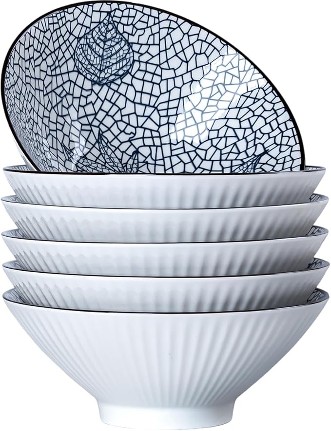 38 oz Japanese Ramen Bowl Set of 6 - Large 8 Inch Ceramic Soup Bowls, Blue and White Japanese Noodle Bowls for Pho, Ramen, and Salad - Leaf Patterns