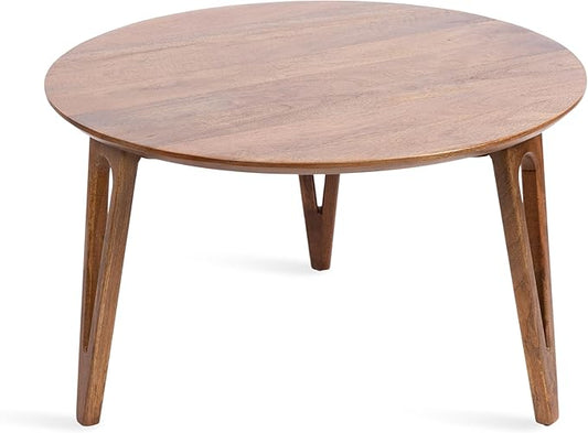 Kate and Laurel Kershaw Mid-Century Modern Round Coffee Table, 30 x 30 x 19, Walnut Brown, Transitional Circle Living Room Table with Solid Mango Wood Construction and Tapered Hairpin Legs