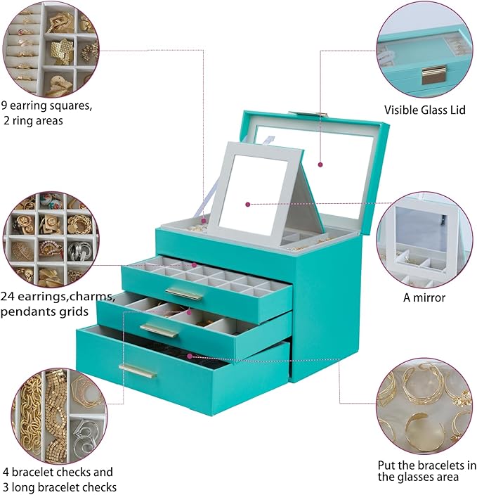 BOOVO Jewelry Boxes for Women, White and Black 4 Layer Glass Lids Jewelry Box for Necklace, Bracelet, Earrings, Rings Storage, Jewelry holder Organizer for Girls Gift (Turquoise, 4 layer)