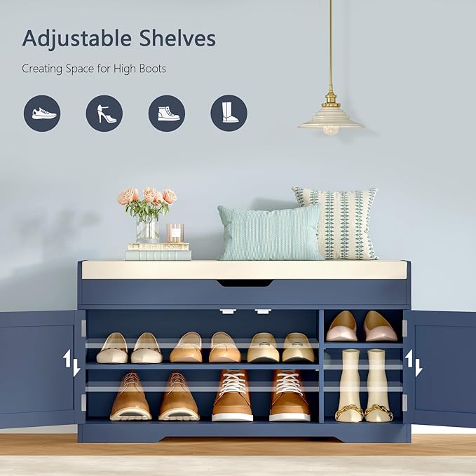 usikey Shoe Bench with Lift Top Storage, Storage Bench with Padded Seat Cushion, Entryway Bench with 2 Adjustable Shelves, for Entryway, Living Room, Bedroom, Blue