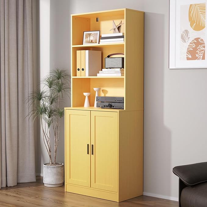 75" Tall Bookcase with Doors, 5 Tier Large Bookshelf with Cabinet, Standing Wood Display Book Shelf for Living Room, Office, Library with Doors, Oak