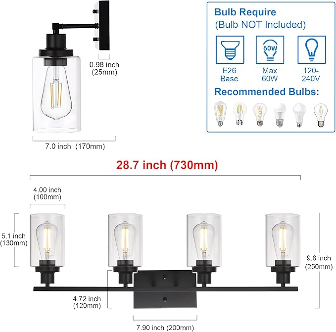 MELUCEE 4 Lights Sconces Wall Lighting Black with Clear Glass Shade, Industrial Bathroom Light Fixtures Vanity Lights Porch Light Fixtures Wall Mount (Patent No.: US D963914 S)