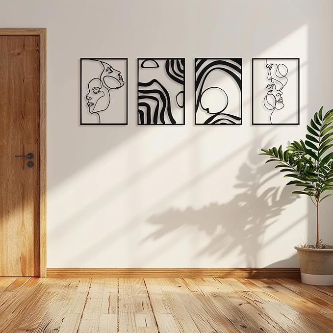 Art3d Metal Wall Art, Set of 4 Black Wall Decor for Living Room Bedroom Hallway Dining Room, Line Art Wall Décor, Life and Romance Story theme Minimalist Wall Art Style