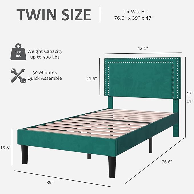 VECELO Twin Size Platform Bed Frame with Height Adjustable Upholstered Headboard, Modern Mattress Foundation,Strong Wood Slat Support, No Box Spring Needed, Easy Assembly