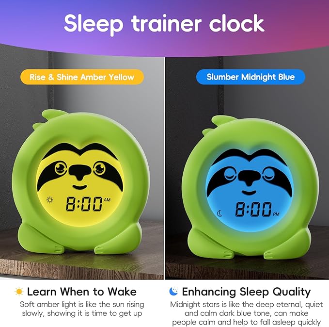 B&H Sleep Trainer Clock for Toddler - Ok to Wake Clock, USB Rechargeable Cute Kids Alarm Clock, Drop Proof Night Light, Science-Backed Lighting for Peaceful Sleep and Ready to Rise Mornings - Sloth